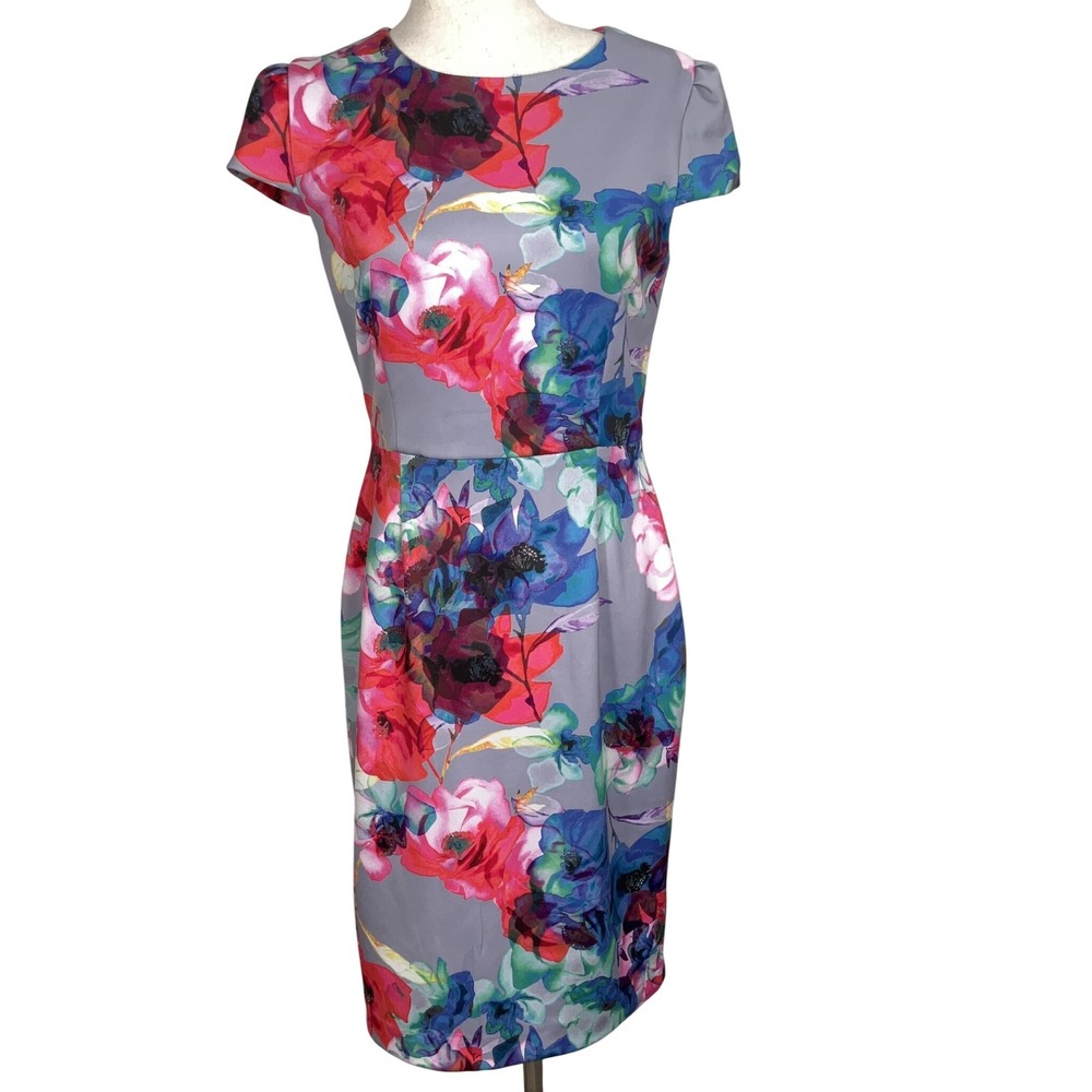 Betsey Johnson Dress Women 8 Gray Pink Multi Floral Party Summer Stretch Sheath